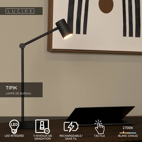 Lucide TIPIK - Lampe de bureau Rechargeable - Batterie/Piles - LED 3 StepDim - 1x3W 2700K - Noir - USP